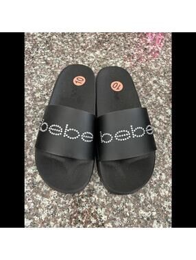 BEBE RHINESTONE WOMENS SLIDES BLACK 10m NEW!